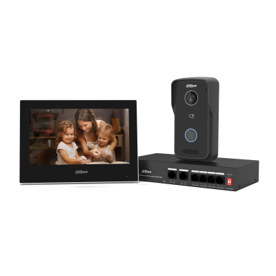 [DHI-KTP03] KIT VIDEO PORTERO DAHUA IP INT-EXT POE 10KCARDS APP MOT DET FRENTE-MONITOR-SWITCH IP65